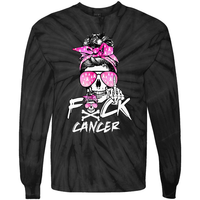 Fuck Breast Cancer Women Warrior Pink Ribbon Messy Bun Hair Tie-Dye Long Sleeve Shirt