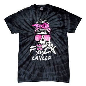 Fuck Breast Cancer Women Warrior Pink Ribbon Messy Bun Hair Tie-Dye T-Shirt