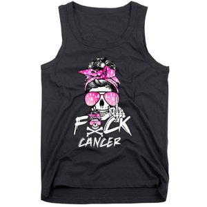 Fuck Breast Cancer Women Warrior Pink Ribbon Messy Bun Hair Tank Top