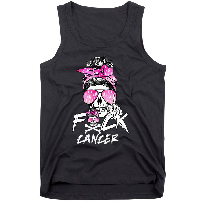 Fuck Breast Cancer Women Warrior Pink Ribbon Messy Bun Hair Tank Top