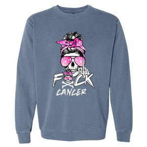 Fuck Breast Cancer Women Warrior Pink Ribbon Messy Bun Hair Garment-Dyed Sweatshirt