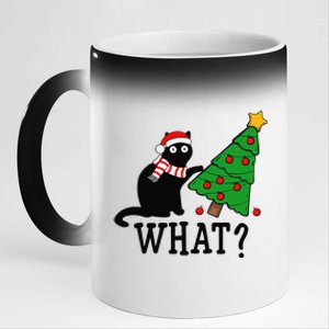 Funny Black Cat Gift Pushing Christmas Tree Over Cat What 11oz Black Color Changing Mug