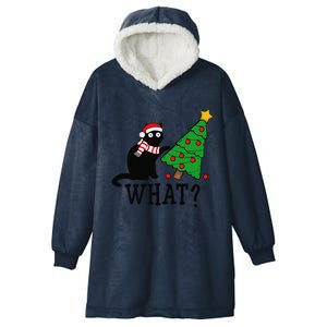 Funny Black Cat Gift Pushing Christmas Tree Over Cat What Hooded Wearable Blanket