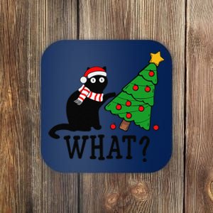 Funny Black Cat Gift Pushing Christmas Tree Over Cat What Coaster