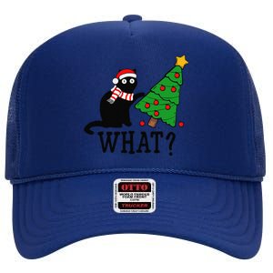 Funny Black Cat Gift Pushing Christmas Tree Over Cat What High Crown Mesh Back Trucker Hat