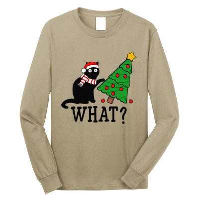 Funny Black Cat Gift Pushing Christmas Tree Over Cat What Long Sleeve Shirt