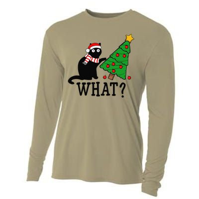 Funny Black Cat Gift Pushing Christmas Tree Over Cat What Cooling Performance Long Sleeve Crew