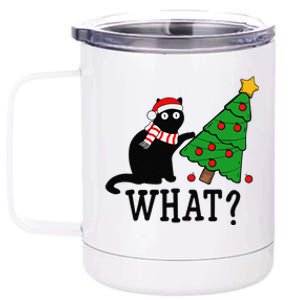 Funny Black Cat Gift Pushing Christmas Tree Over Cat What 12 oz Stainless Steel Tumbler Cup