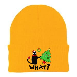 Funny Black Cat Pushing Christmas Tree Over Funny Cat What Knit Cap Winter Beanie