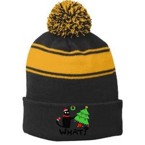 Funny Black Cat Pushing Christmas Tree Over Funny Cat What Stripe Pom Pom Beanie