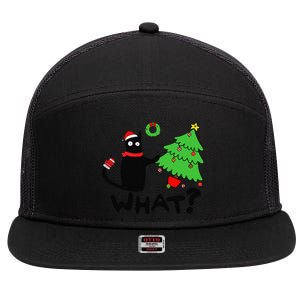 Funny Black Cat Pushing Christmas Tree Over Funny Cat What 7 Panel Mesh Trucker Snapback Hat