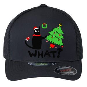 Funny Black Cat Pushing Christmas Tree Over Funny Cat What Flexfit Unipanel Trucker Cap