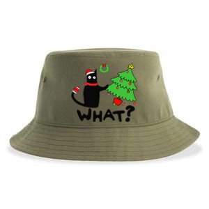 Funny Black Cat Pushing Christmas Tree Over Funny Cat What Sustainable Bucket Hat