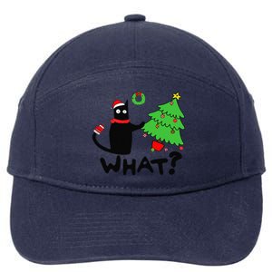 Funny Black Cat Pushing Christmas Tree Over Funny Cat What 7-Panel Snapback Hat