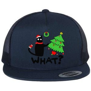 Funny Black Cat Pushing Christmas Tree Over Funny Cat What Flat Bill Trucker Hat