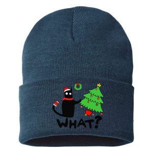 Funny Black Cat Pushing Christmas Tree Over Funny Cat What Sustainable Knit Beanie