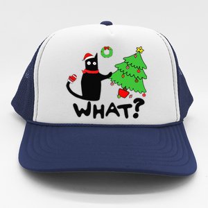 Funny Black Cat Pushing Christmas Tree Over Funny Cat What Trucker Hat