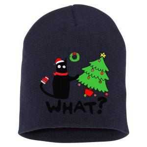 Funny Black Cat Pushing Christmas Tree Over Funny Cat What Short Acrylic Beanie