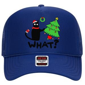 Funny Black Cat Pushing Christmas Tree Over Funny Cat What High Crown Mesh Back Trucker Hat