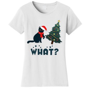 Funny Black Cat Pushing Christmas Tree Over Cat What Women's T-Shirt