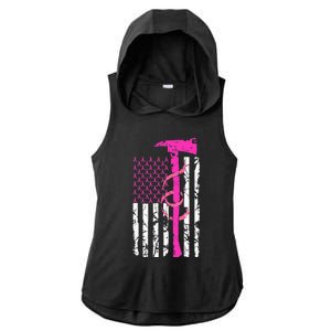 Firefighter Breast Cancer Awareness USA Flag Pink Ribbon Ladies PosiCharge Tri-Blend Wicking Draft Hoodie Tank