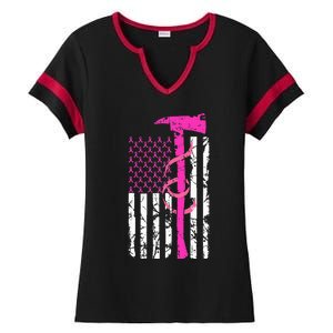 Firefighter Breast Cancer Awareness USA Flag Pink Ribbon Ladies Halftime Notch Neck Tee