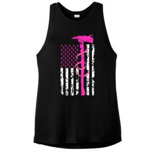 Firefighter Breast Cancer Awareness USA Flag Pink Ribbon Ladies PosiCharge Tri-Blend Wicking Tank