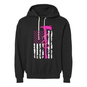 Firefighter Breast Cancer Awareness USA Flag Pink Ribbon Garment-Dyed Fleece Hoodie