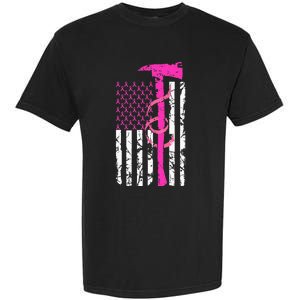 Firefighter Breast Cancer Awareness USA Flag Pink Ribbon Garment-Dyed Heavyweight T-Shirt