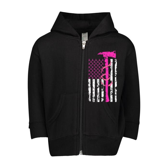 Firefighter Breast Cancer Awareness USA Flag Pink Ribbon Toddler Zip Fleece Hoodie