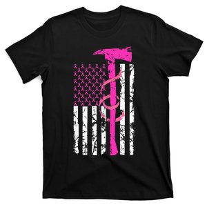 Firefighter Breast Cancer Awareness USA Flag Pink Ribbon T-Shirt