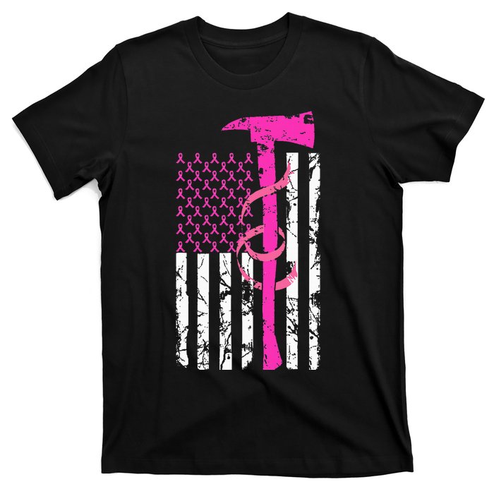 Firefighter Breast Cancer Awareness USA Flag Pink Ribbon T-Shirt