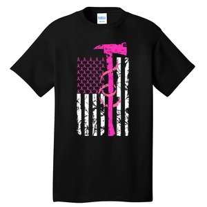 Firefighter Breast Cancer Awareness USA Flag Pink Ribbon Tall T-Shirt