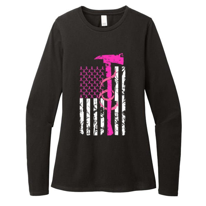 Firefighter Breast Cancer Awareness USA Flag Pink Ribbon Womens CVC Long Sleeve Shirt