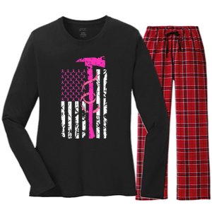 Firefighter Breast Cancer Awareness USA Flag Pink Ribbon Women's Long Sleeve Flannel Pajama Set 