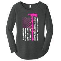 Firefighter Breast Cancer Awareness USA Flag Pink Ribbon Women's Perfect Tri Tunic Long Sleeve Shirt