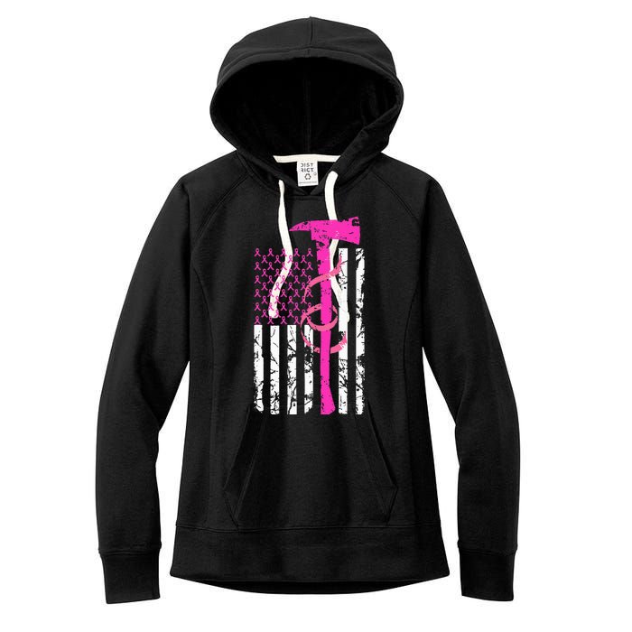 Firefighter Breast Cancer Awareness USA Flag Pink Ribbon Women's Fleece Hoodie