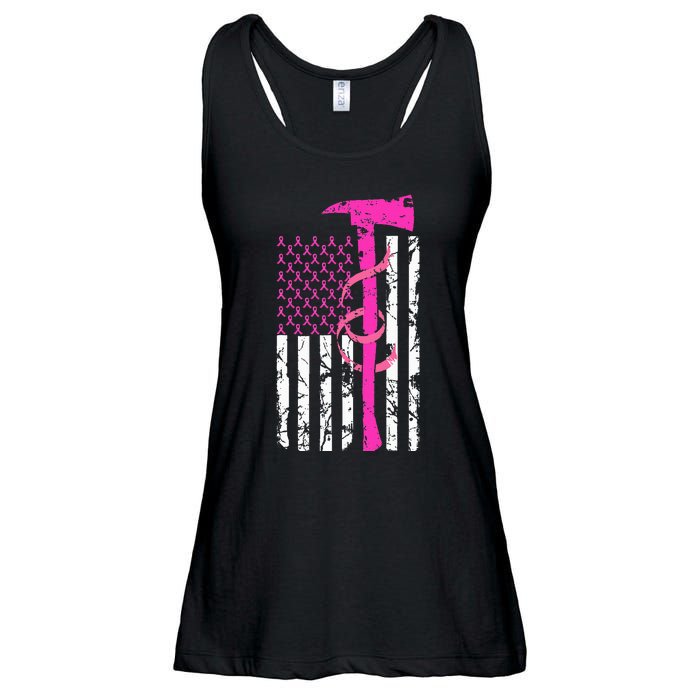 Firefighter Breast Cancer Awareness USA Flag Pink Ribbon Ladies Essential Flowy Tank