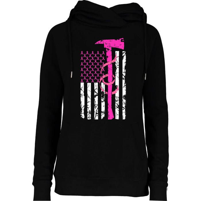 Firefighter Breast Cancer Awareness USA Flag Pink Ribbon Womens Funnel Neck Pullover Hood