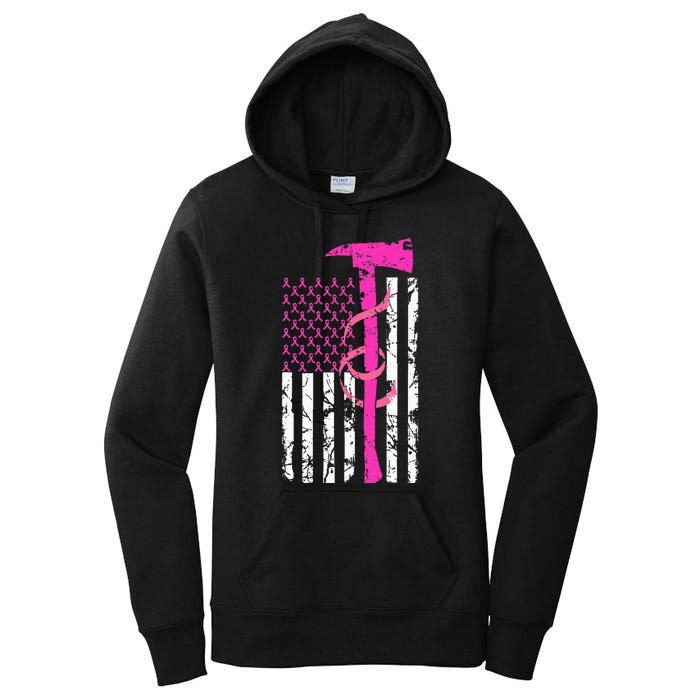 Firefighter Breast Cancer Awareness USA Flag Pink Ribbon Women's Pullover Hoodie