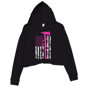 Firefighter Breast Cancer Awareness USA Flag Pink Ribbon Crop Fleece Hoodie