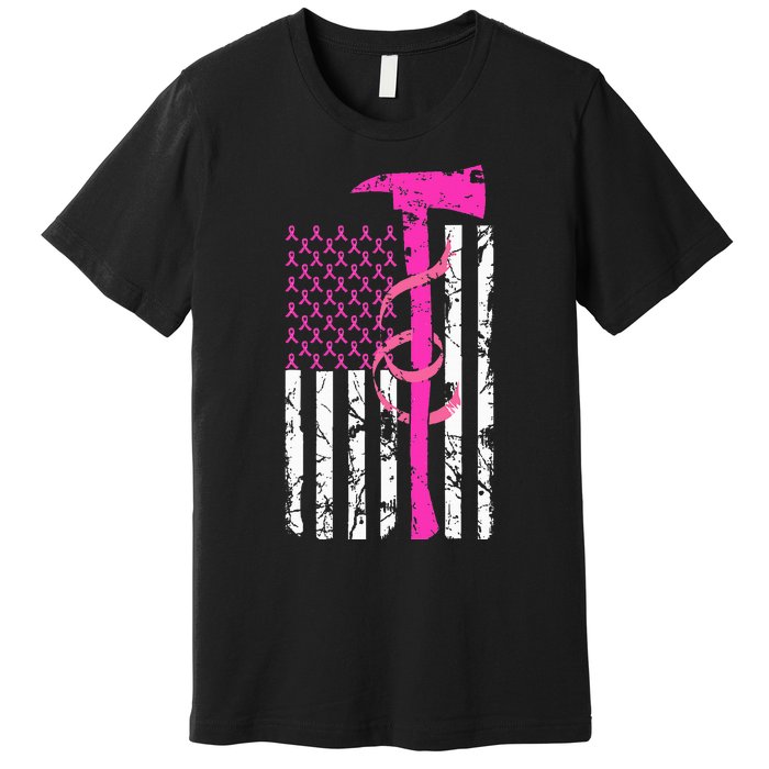 Firefighter Breast Cancer Awareness USA Flag Pink Ribbon Premium T-Shirt