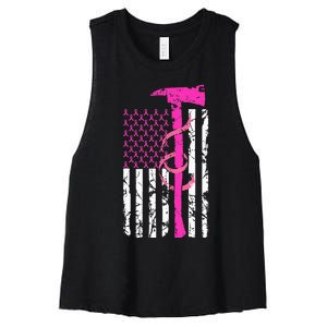 Firefighter Breast Cancer Awareness USA Flag Pink Ribbon Women's Racerback Cropped Tank