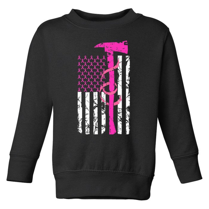 Firefighter Breast Cancer Awareness USA Flag Pink Ribbon Toddler Sweatshirt