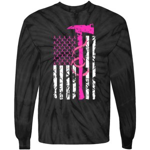 Firefighter Breast Cancer Awareness USA Flag Pink Ribbon Tie-Dye Long Sleeve Shirt