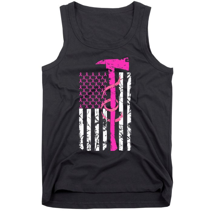 Firefighter Breast Cancer Awareness USA Flag Pink Ribbon Tank Top