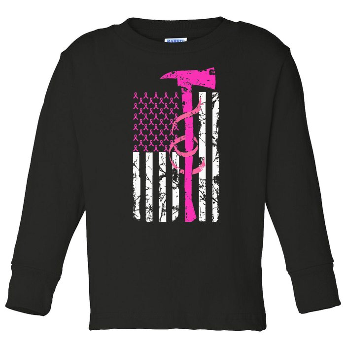 Firefighter Breast Cancer Awareness USA Flag Pink Ribbon Toddler Long Sleeve Shirt