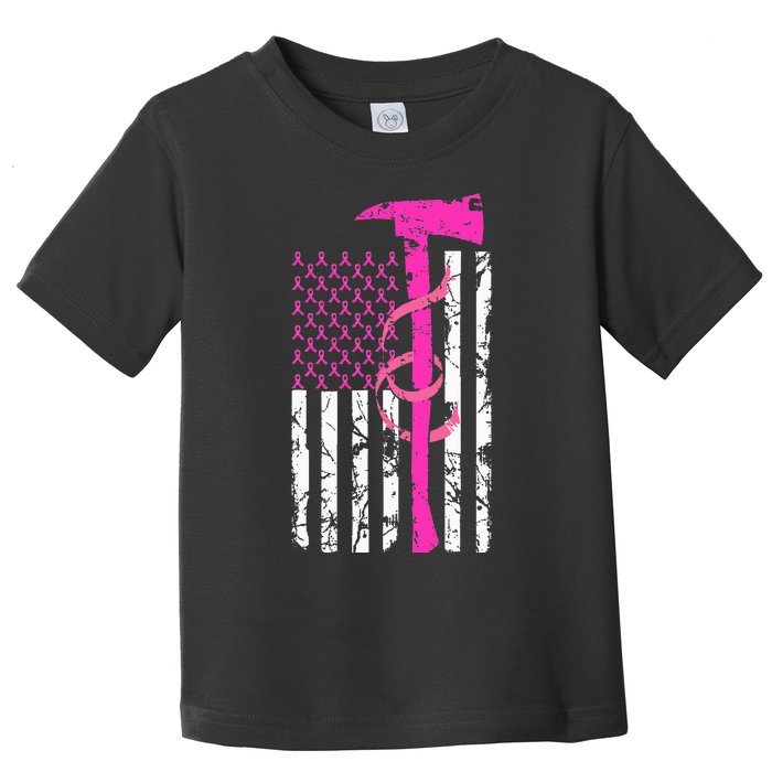 Firefighter Breast Cancer Awareness USA Flag Pink Ribbon Toddler T-Shirt