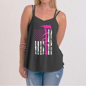 Firefighter Breast Cancer Awareness USA Flag Pink Ribbon Women's Strappy Tank