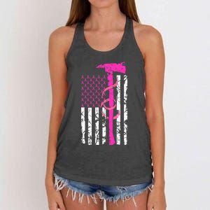 Firefighter Breast Cancer Awareness USA Flag Pink Ribbon Women's Knotted Racerback Tank